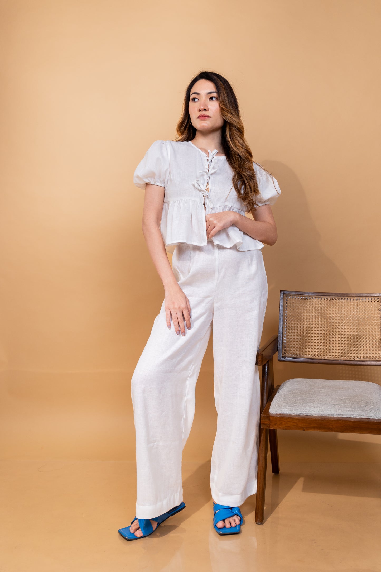 TIE DETAIL BLOUSE WITH PLEATED PANTS