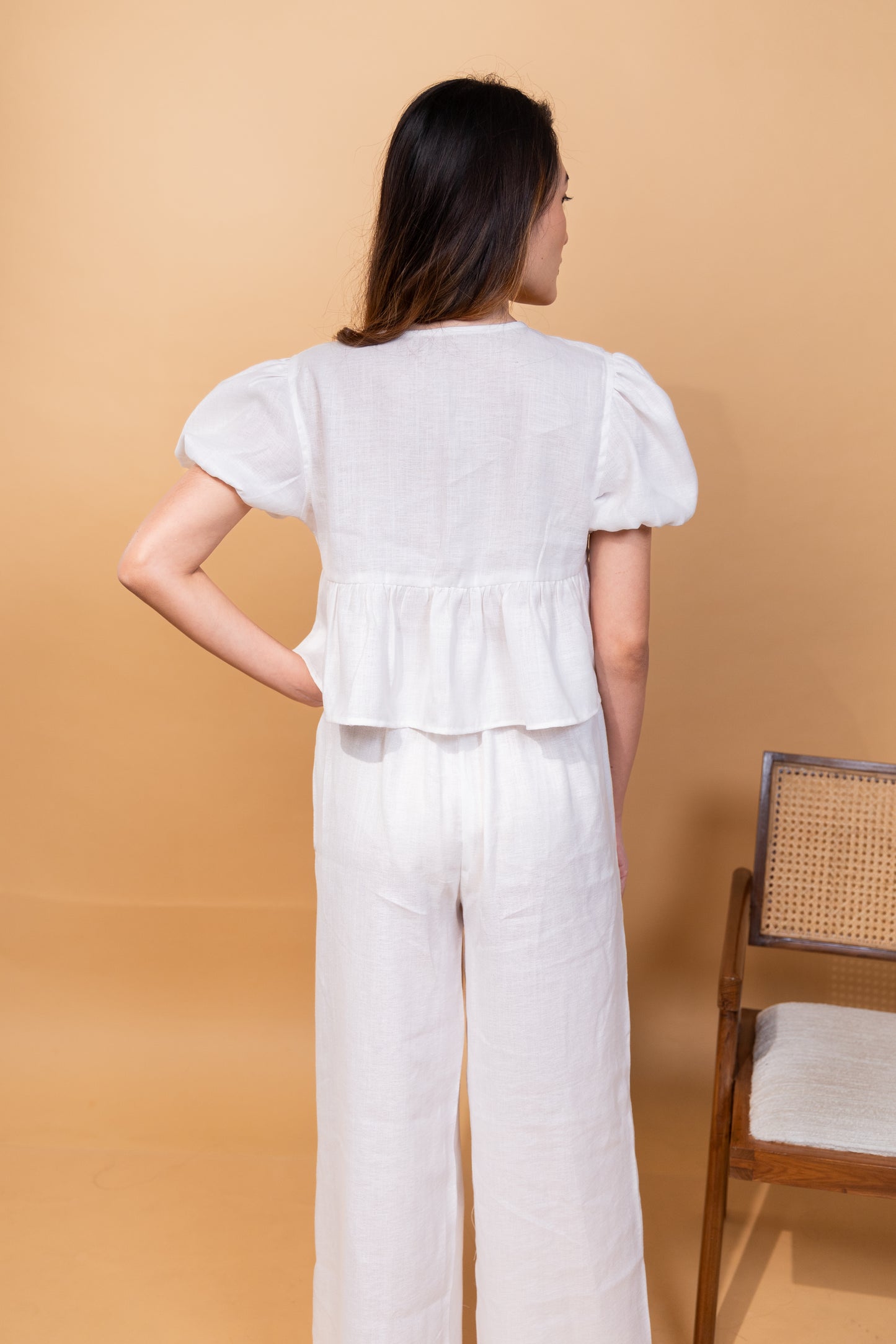 TIE DETAIL BLOUSE WITH PLEATED PANTS