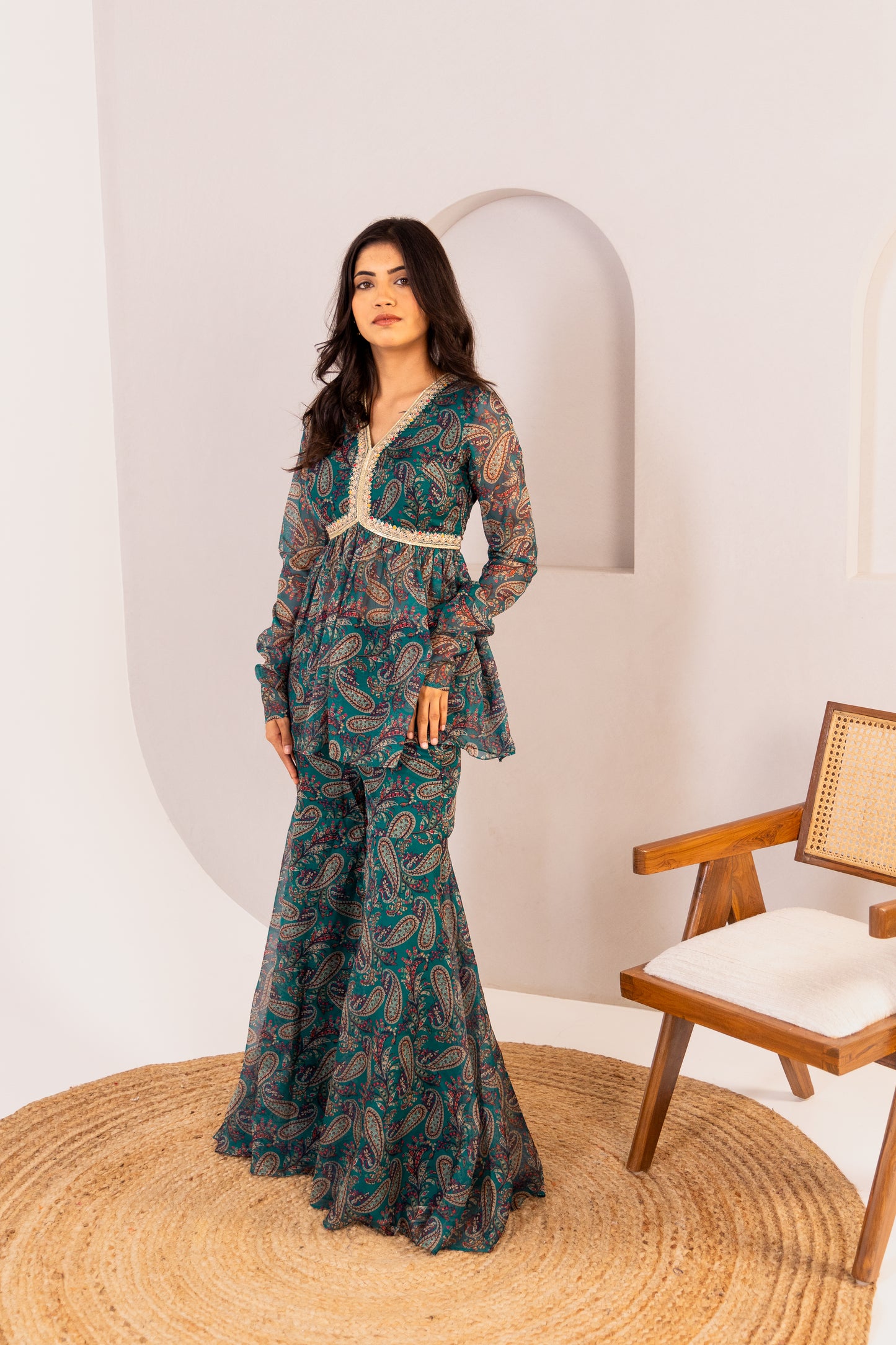 TEAL PRINTED ETHNIC COORD SET