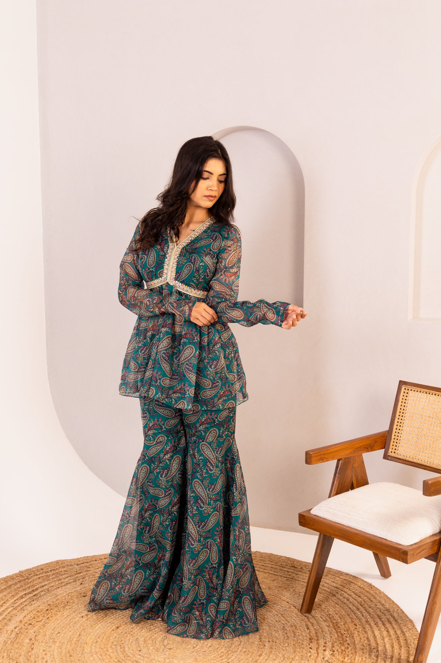 TEAL PRINTED ETHNIC COORD SET