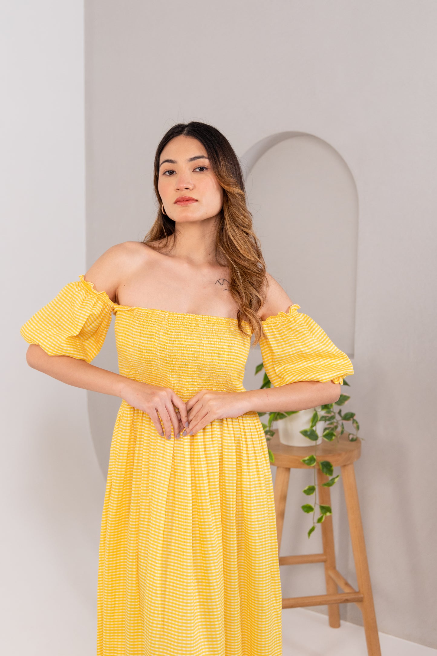 CHECKERED OFF-SHOULDER DRESS