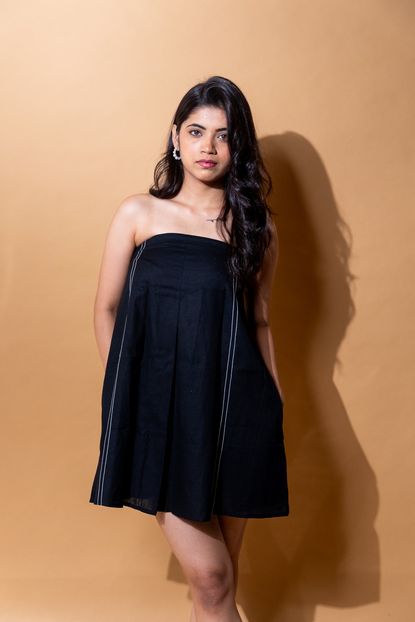 LINEN BLEND BANDEAU DRESS - WHITE