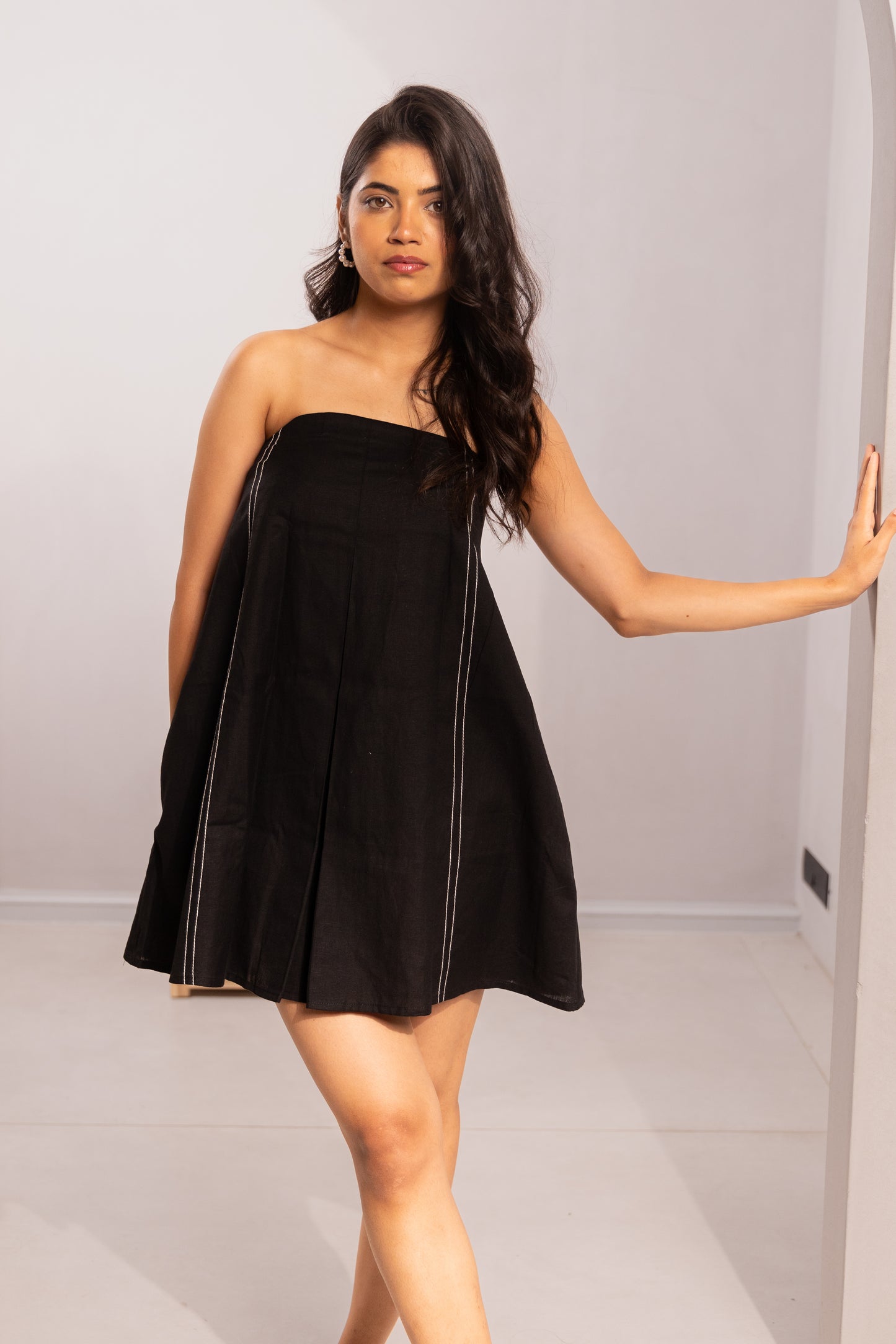 LINEN BLEND BANDEAU DRESS - WHITE