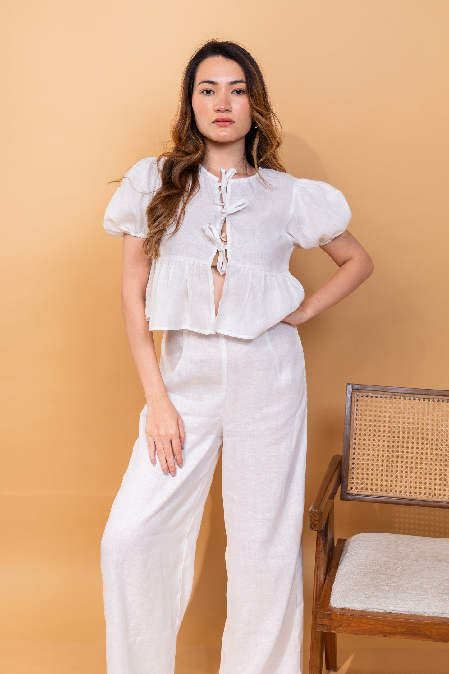 TIE DETAIL BLOUSE WITH PLEATED PANTS
