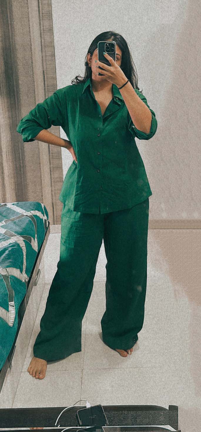 LINEN SHIRT & PALAZZO TROUSER SET - GREEN