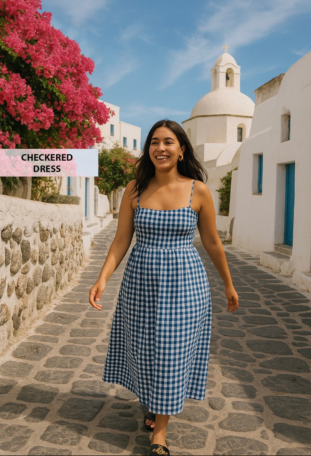 BLACK & WHITE CHECKERED DRESS WITH THIN STRAPS