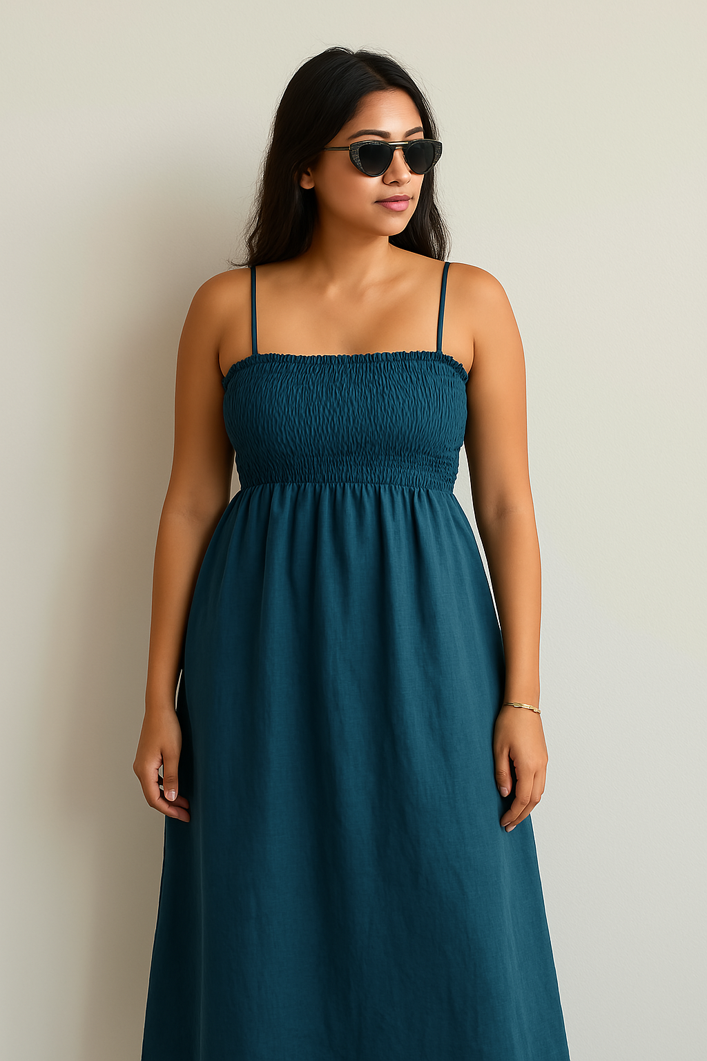 SMOCKED LINEN BLEND DRESS WITH THIN STRAPS - TEAL