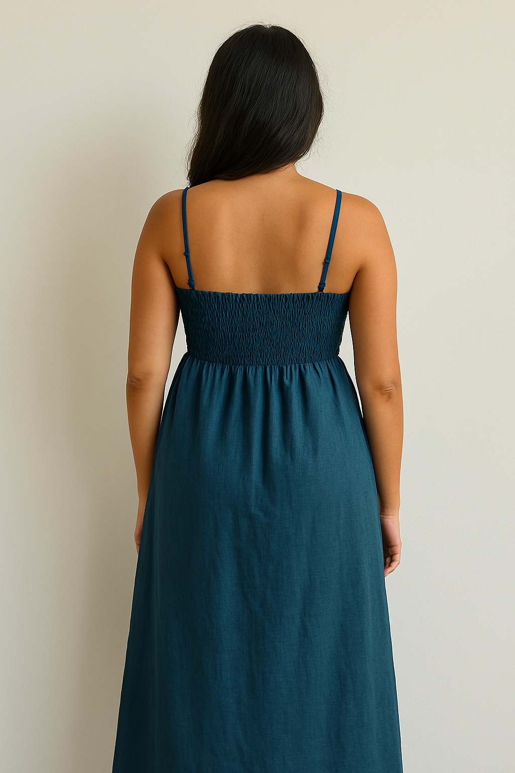 SMOCKED LINEN BLEND DRESS WITH THIN STRAPS - TEAL
