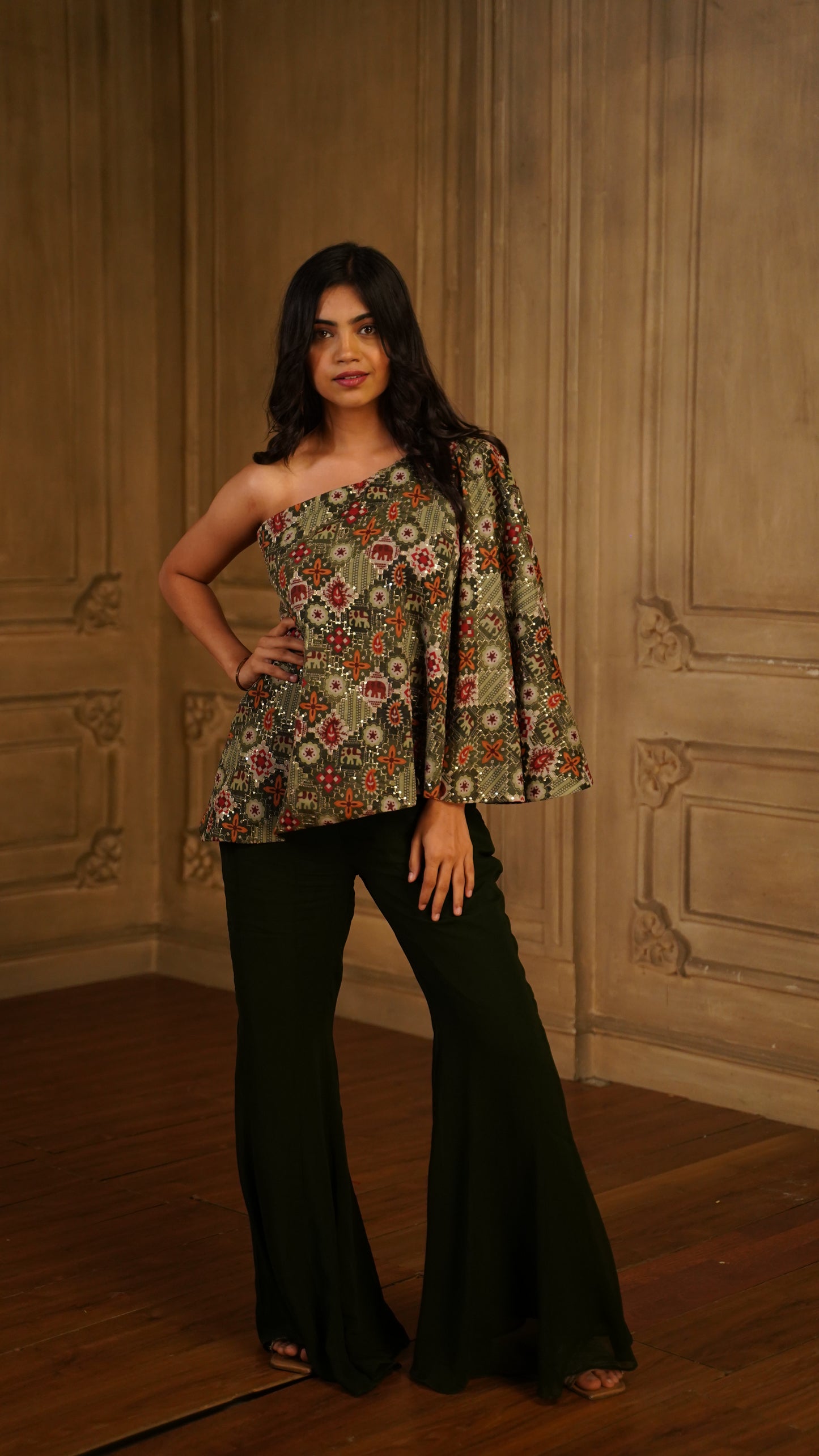 PRINTED GREEN ONE SHOULDER WITH PALAZZO