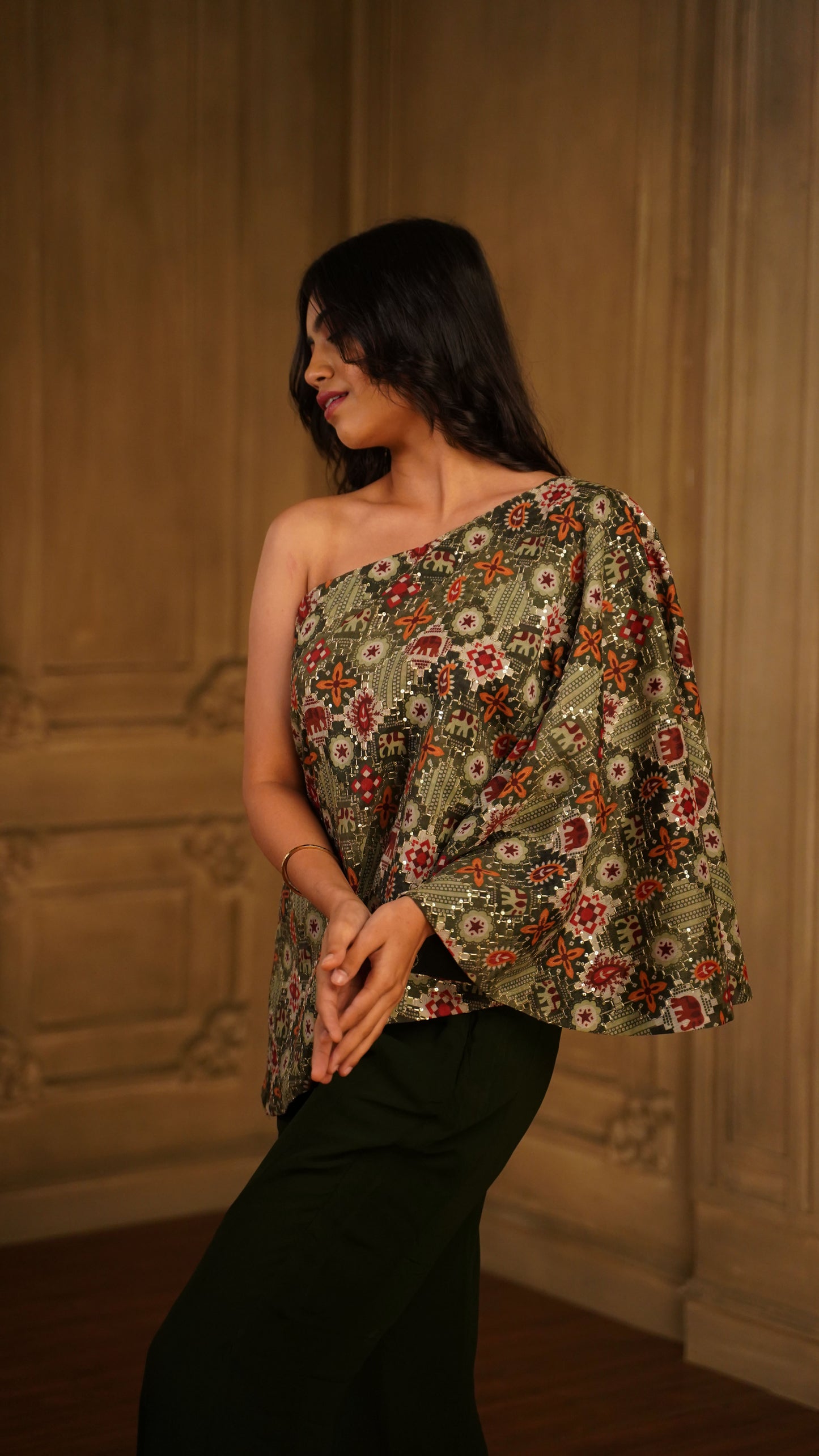 PRINTED GREEN ONE SHOULDER WITH PALAZZO