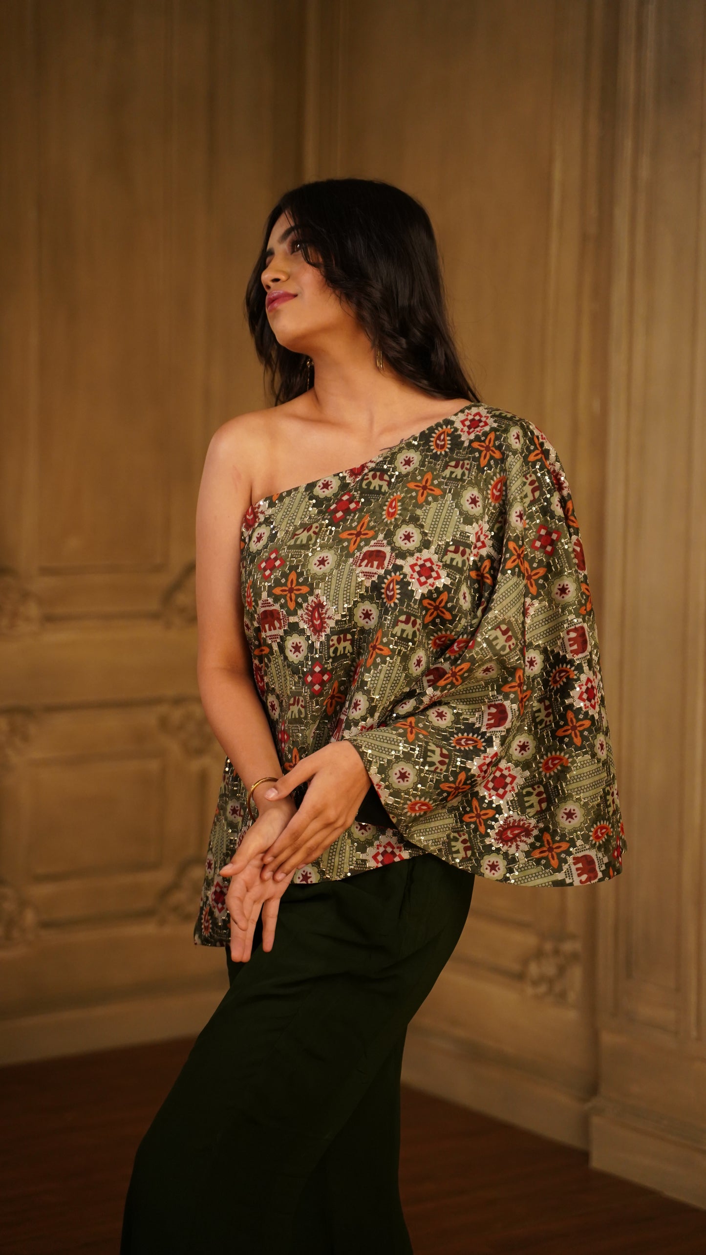 PRINTED GREEN ONE SHOULDER WITH PALAZZO