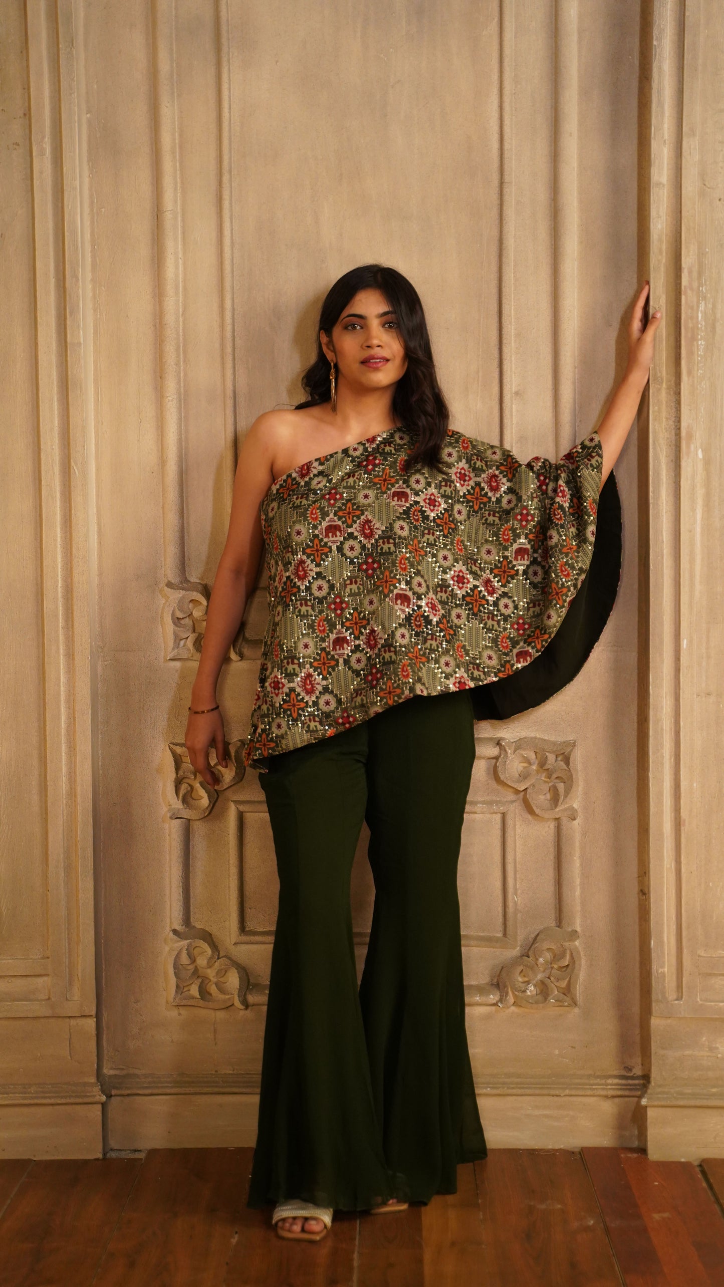 PRINTED GREEN ONE SHOULDER WITH PALAZZO