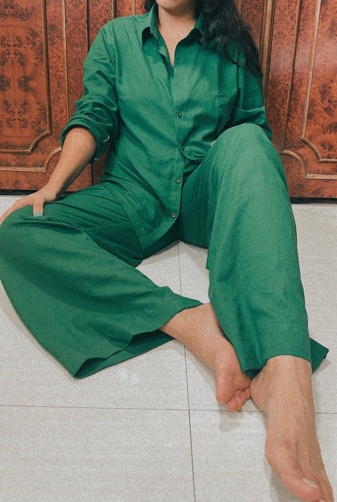 LINEN SHIRT & PALAZZO TROUSER SET - GREEN