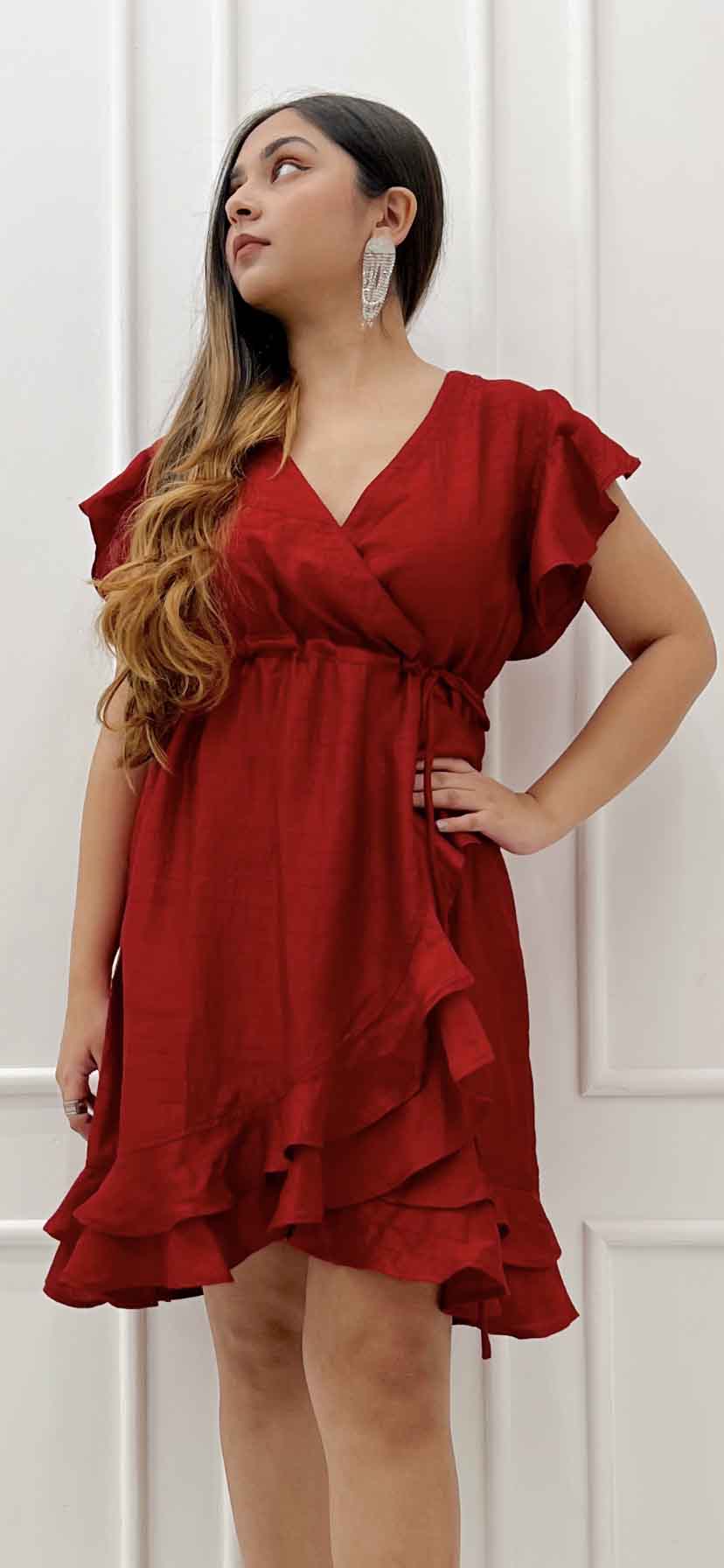 TEXTURED WRAP DRESS - DARK RED
