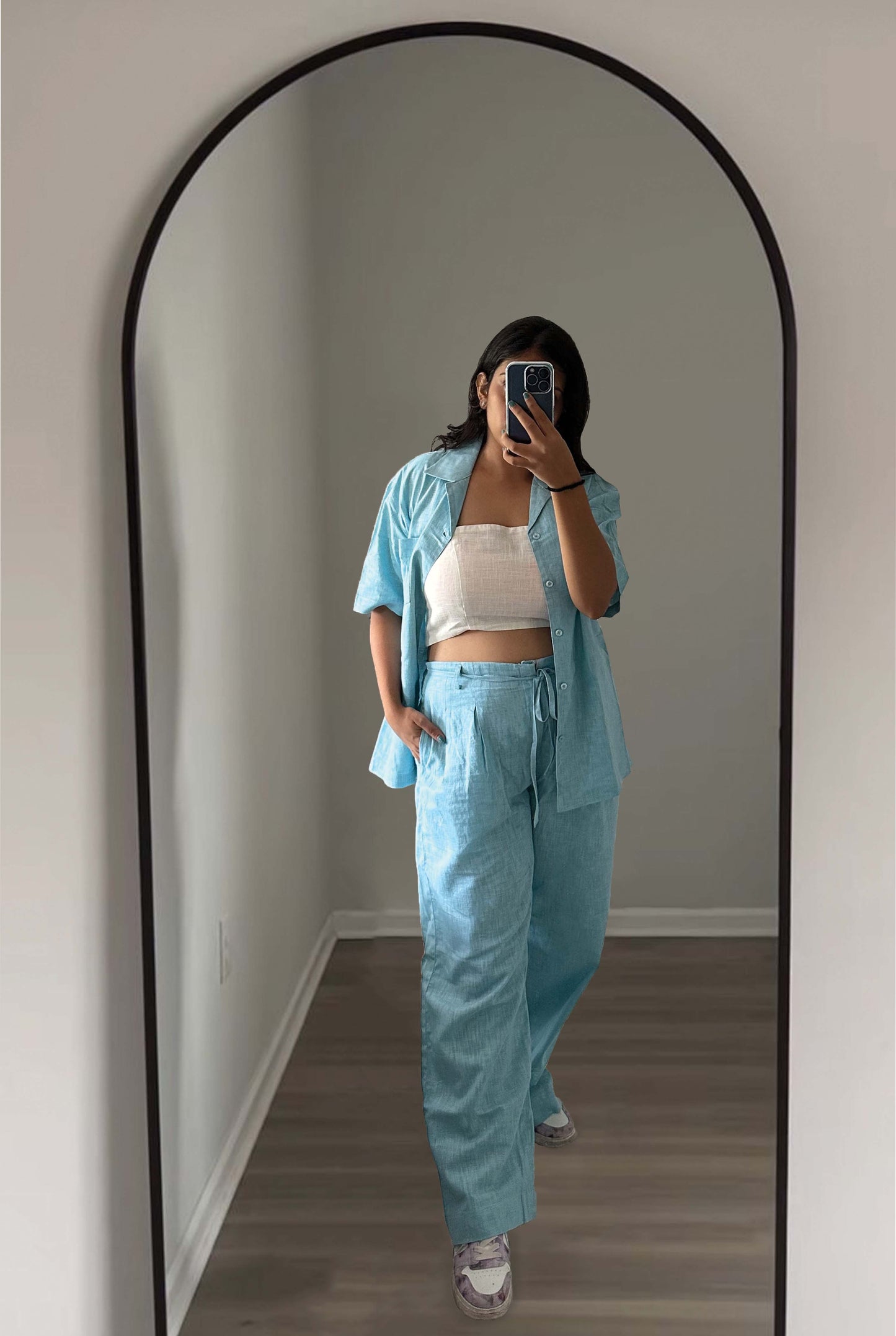 LINEN CO-ORDS WITH BANDEAU TOP - AQUA BLUE