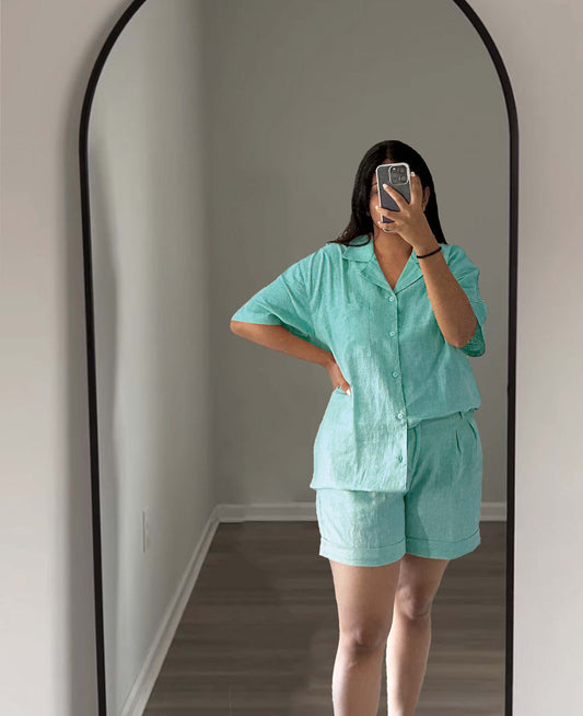 LINEN SHIRT & PLEATED SHORTS SET - AQUA BLUE