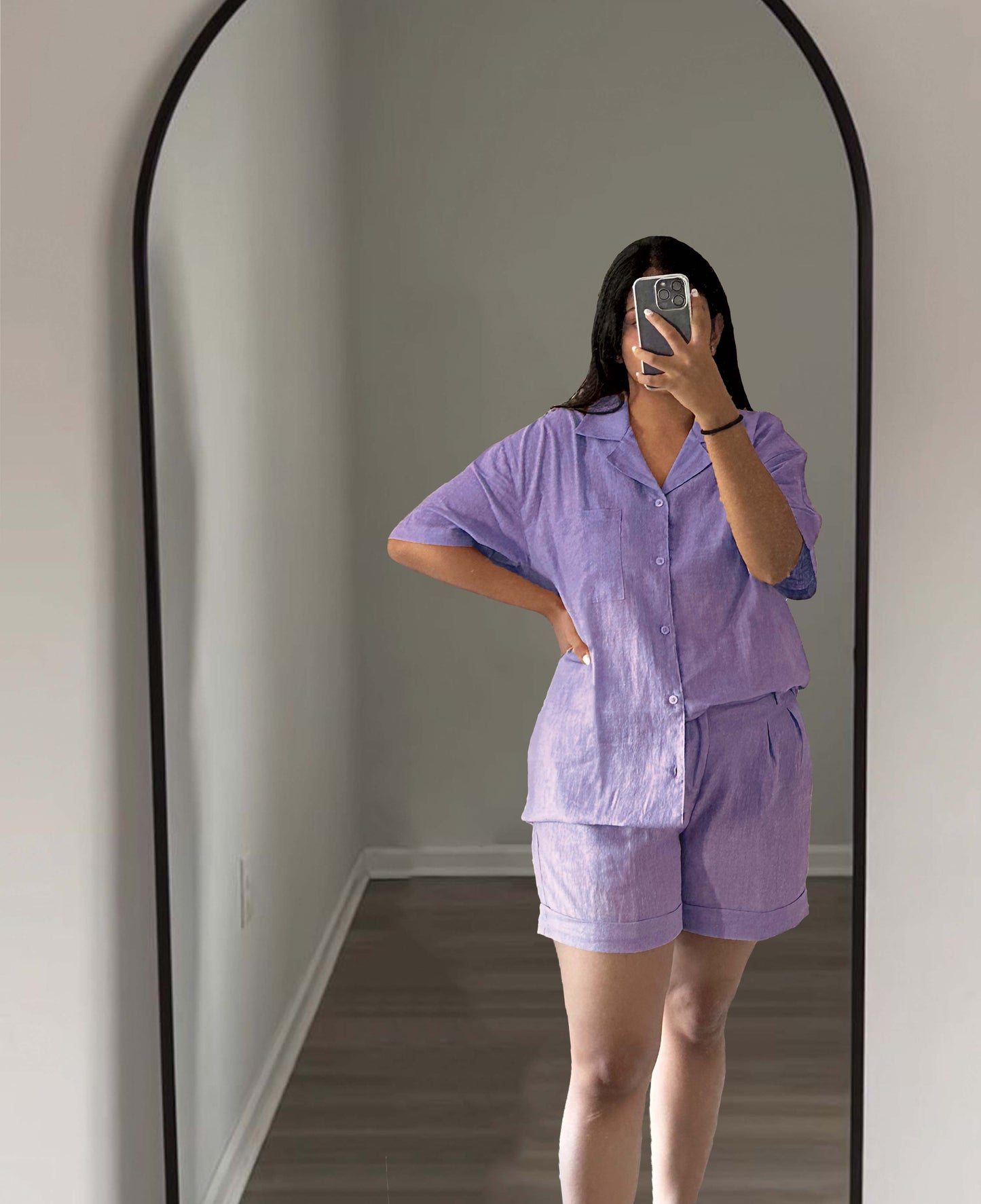 LINEN SHIRT & PLEATED SHORTS SET - LIGHT PURPLE