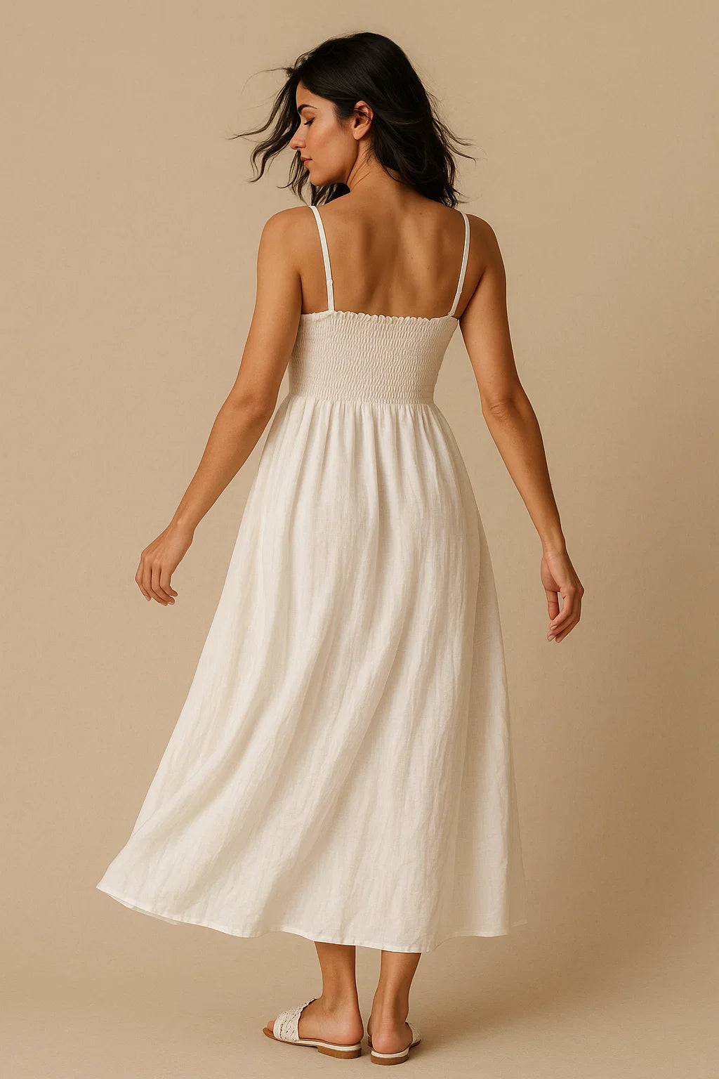 SMOCKED LINEN BLEND DRESS WITH THIN STRAPS - WHITE