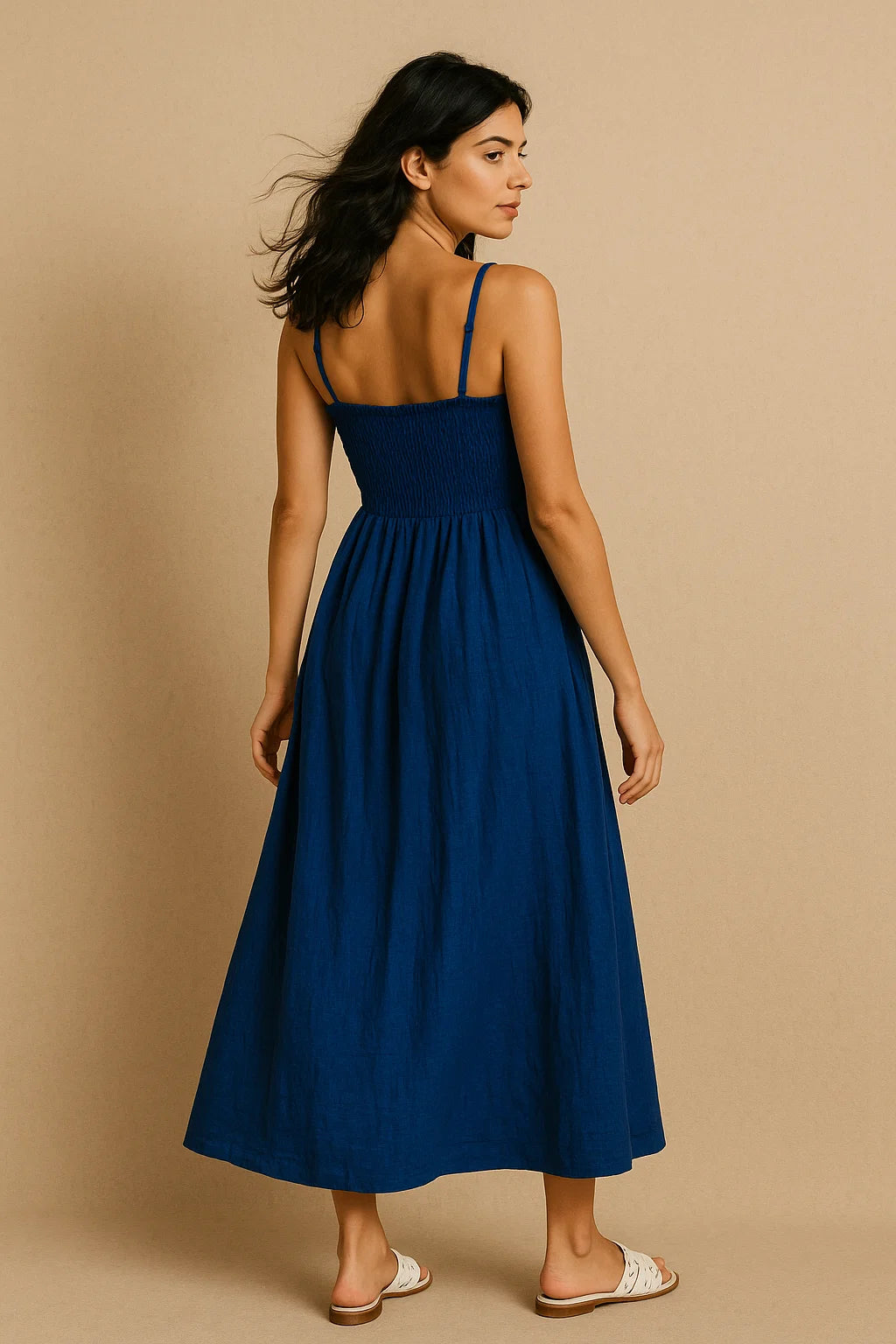 SMOCKED LINEN BLEND DRESS WITH THIN STRAPS - TEAL
