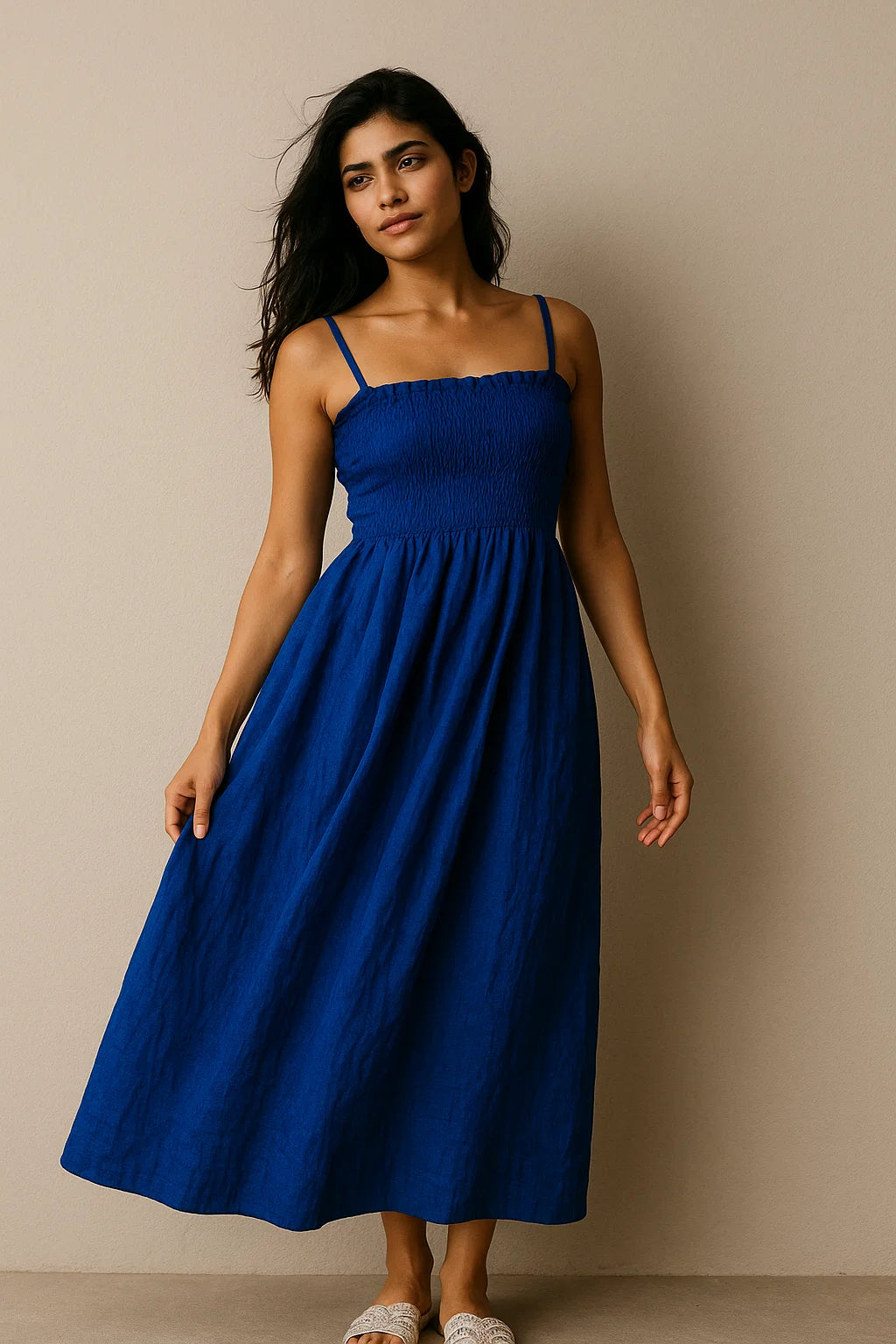 SMOCKED LINEN BLEND DRESS WITH THIN STRAPS - TEAL