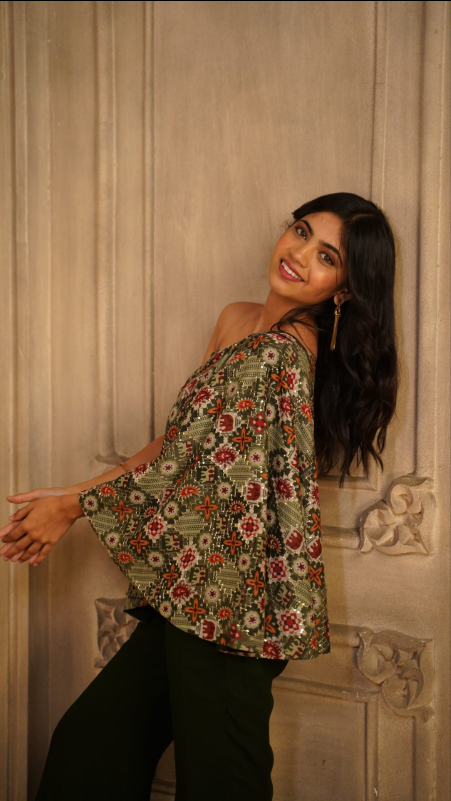PRINTED GREEN ONE SHOULDER WITH PALAZZO