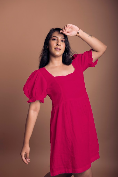 WHITE LINEN DRESS - CERISE PINK