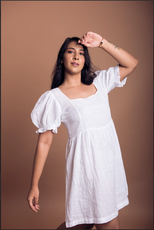 WHITE LINEN DRESS - CERISE PINK