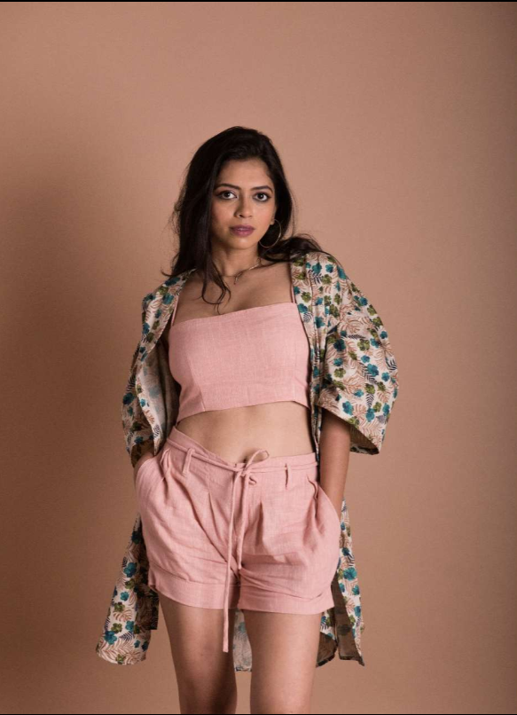 PINK LINEN BANDEAU TOP & PLEATED SHORTS SET