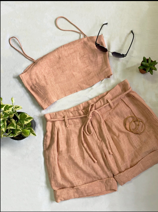 PINK LINEN BANDEAU TOP & PLEATED SHORTS SET