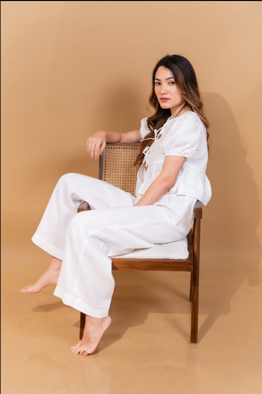 TIE DETAIL BLOUSE WITH PLEATED PANTS