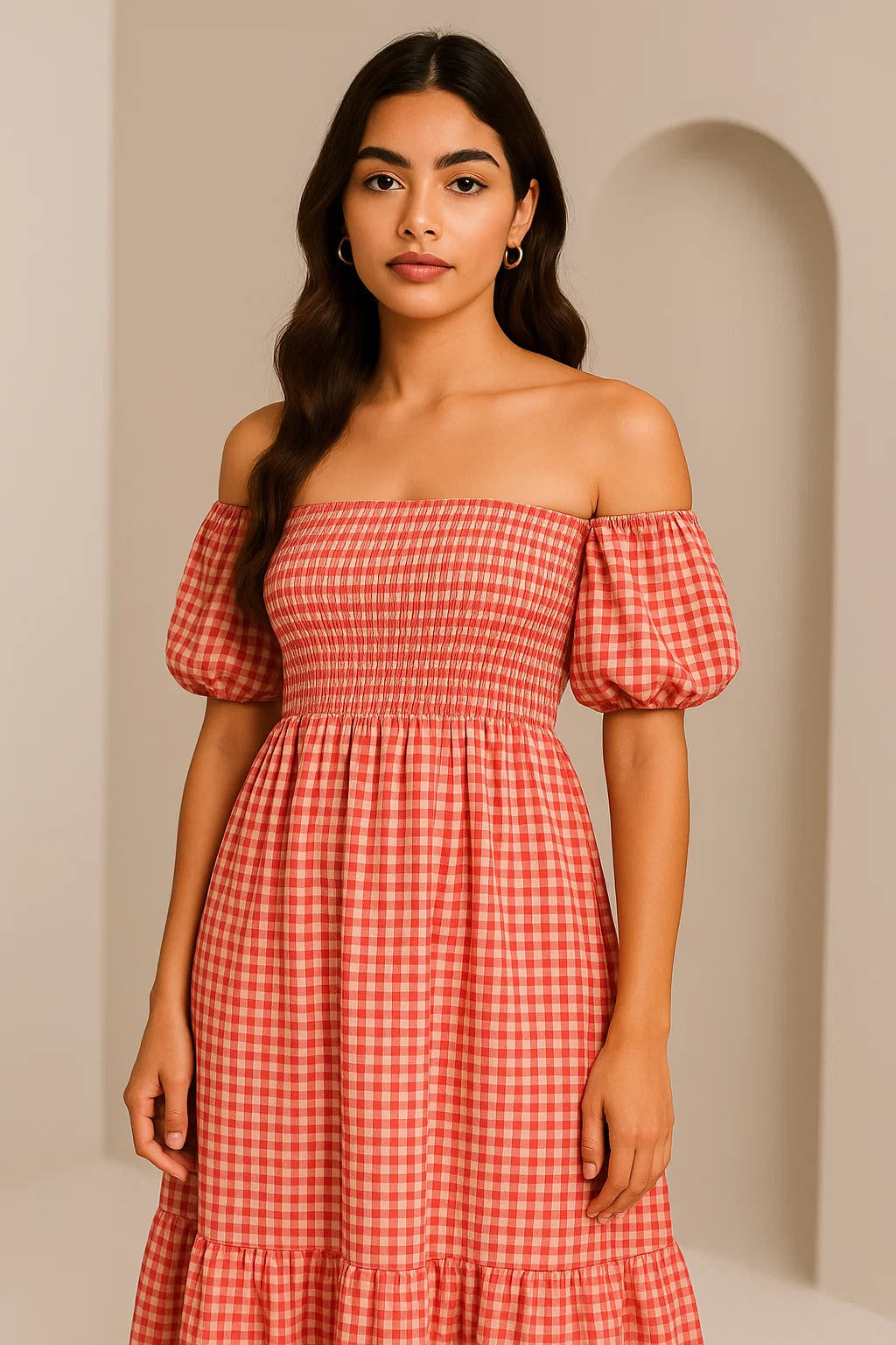 CHECKERED OFF-SHOULDER DRESS