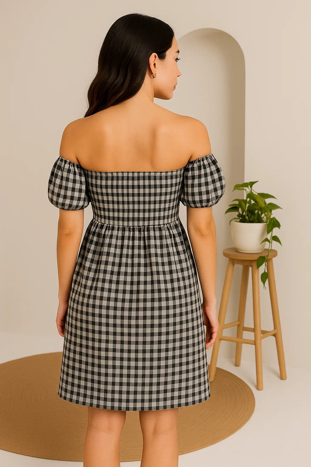 CHECKERED OFF-SHOULDER SHORT DRESS