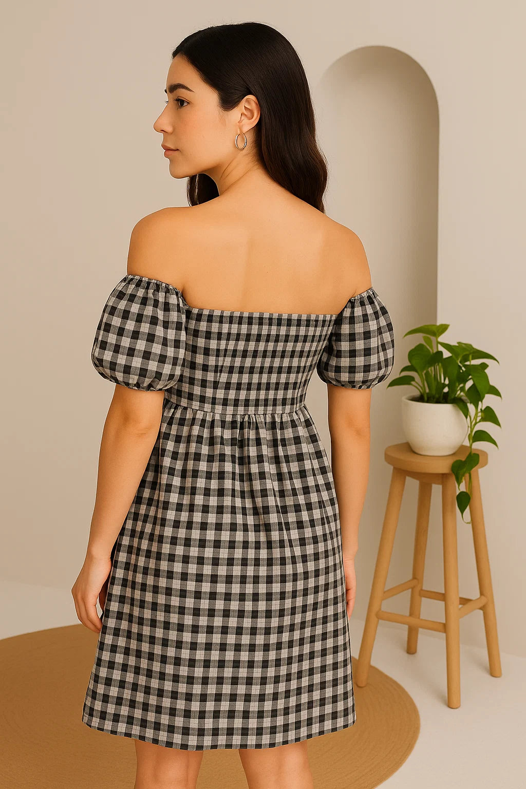 CHECKERED OFF-SHOULDER SHORT DRESS