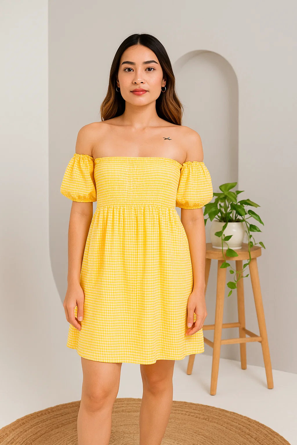 CHECKERED OFF-SHOULDER SHORT DRESS