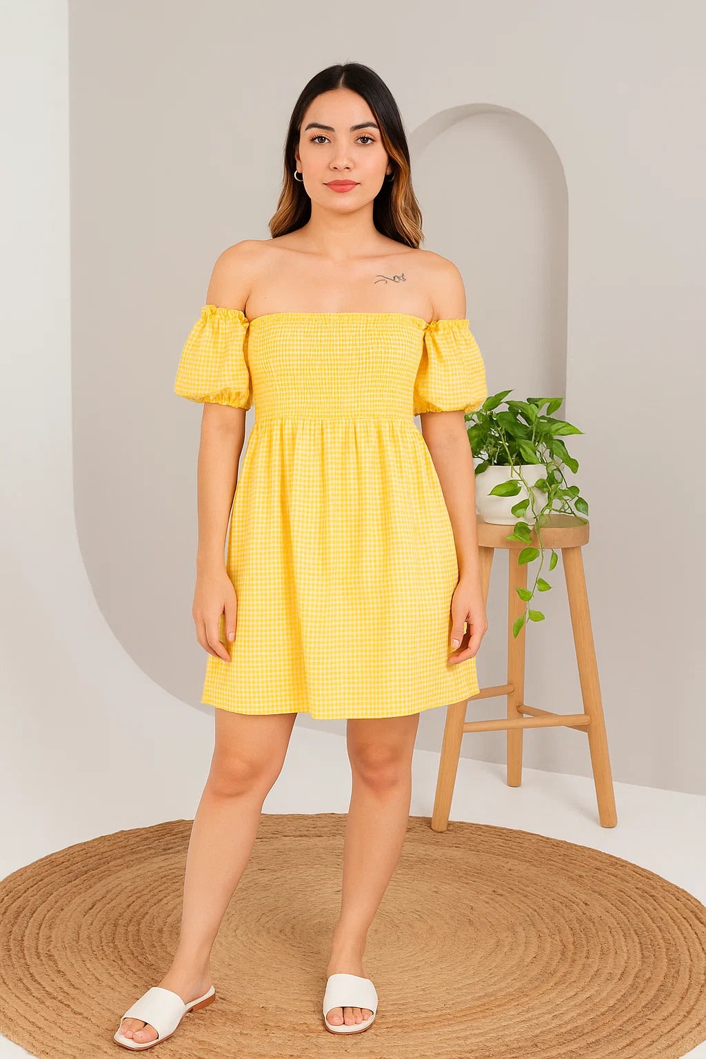 CHECKERED OFF-SHOULDER SHORT DRESS