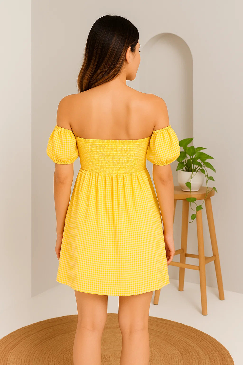 CHECKERED OFF-SHOULDER SHORT DRESS