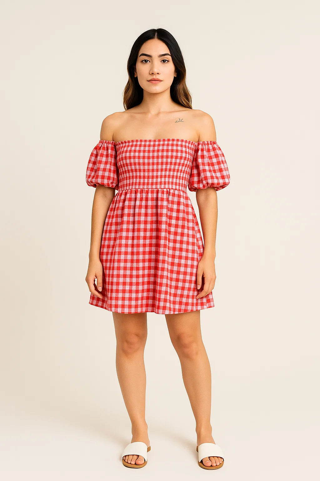 CHECKERED OFF-SHOULDER SHORT DRESS