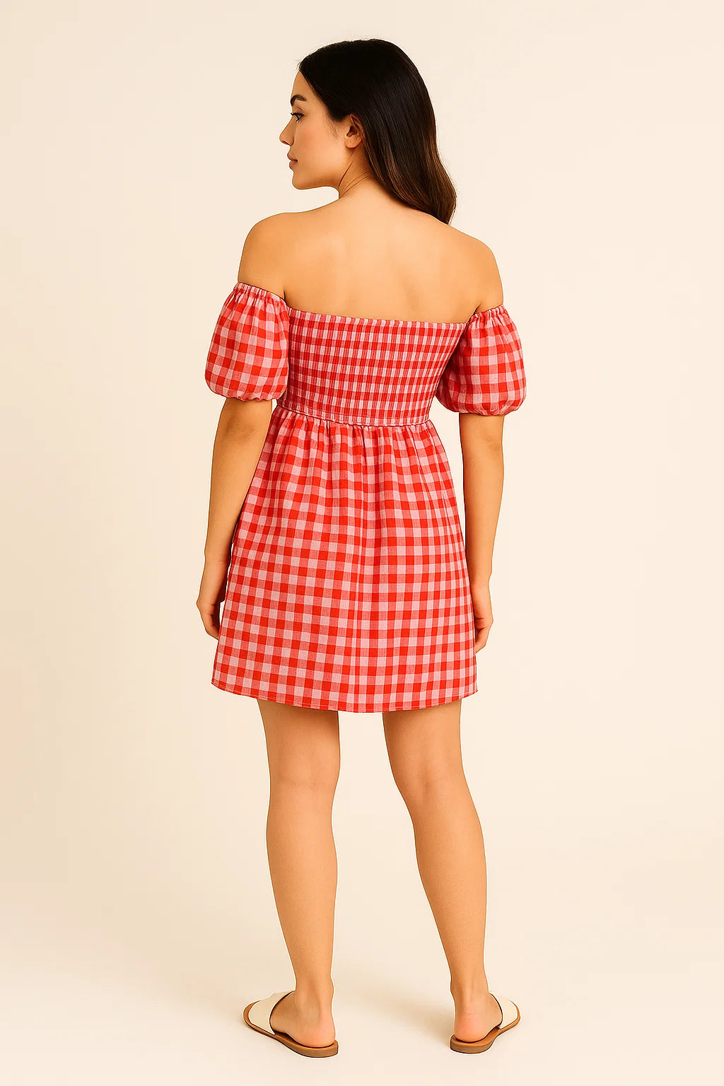 CHECKERED OFF-SHOULDER SHORT DRESS