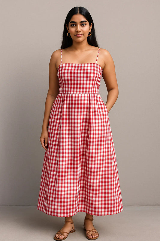 RED CHECKERED DRESS WITH THIN STRAPS