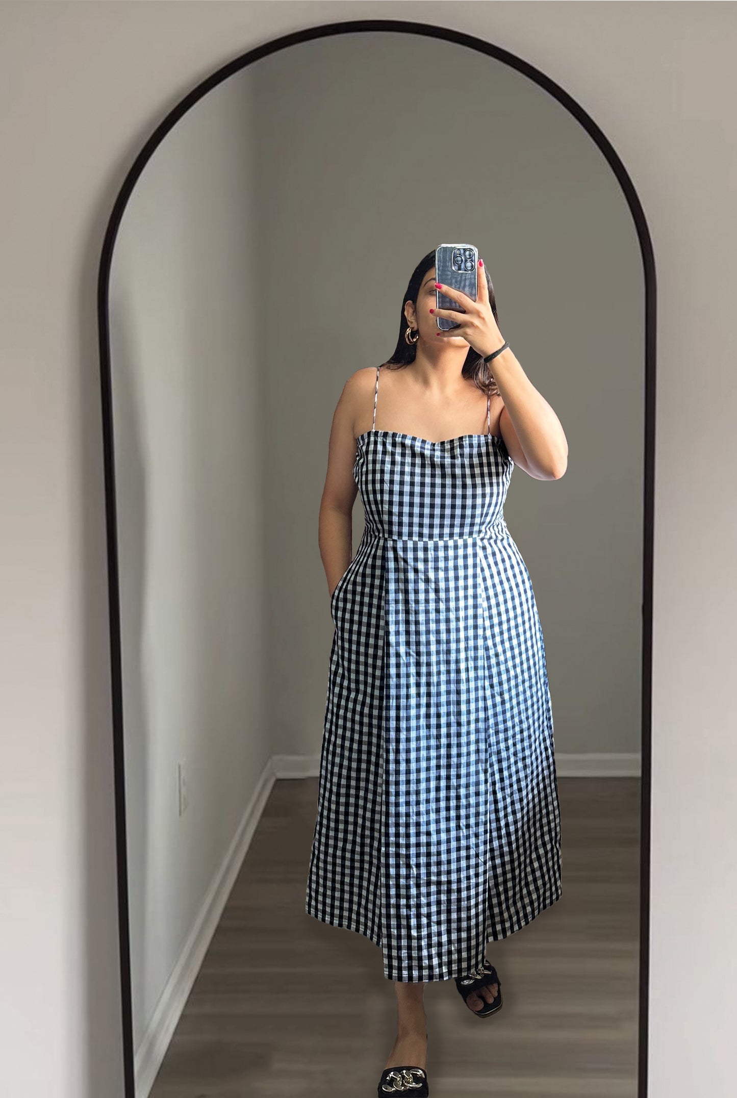 BLACK & WHITE CHECKERED DRESS WITH THIN STRAPS