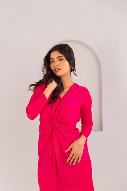 TWO TONE KNOT DRESS - CERISE PINK