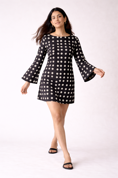 BLACK BELL SLEEVES POLKA DOT DRESS