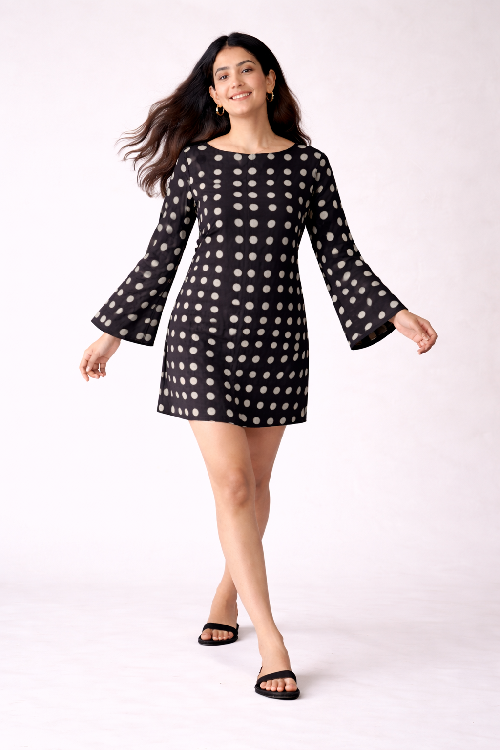 BLACK BELL SLEEVES POLKA DOT DRESS