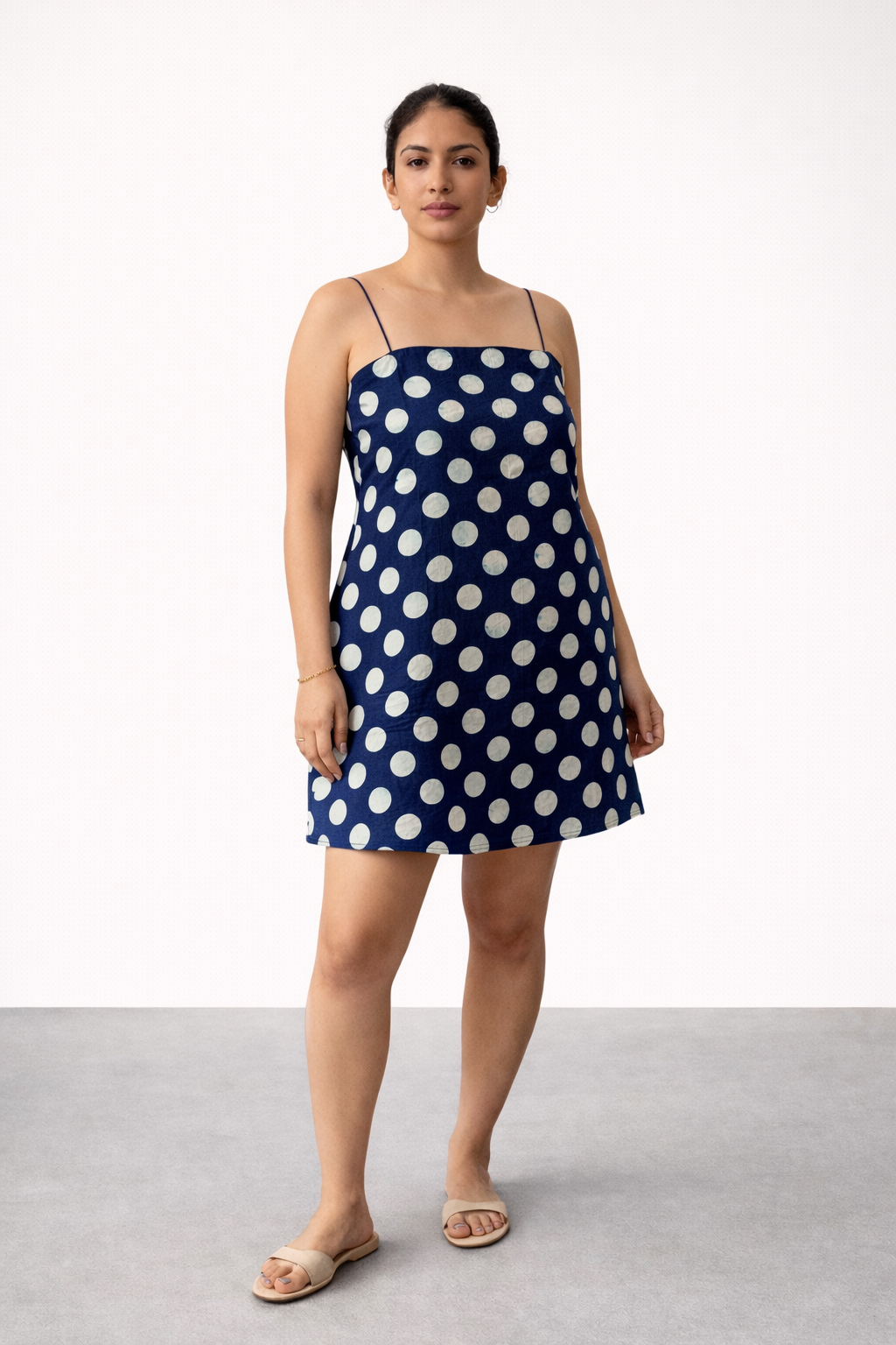 BLUE SHORT POLKA DOT DRESS WITH THIN STRAPS