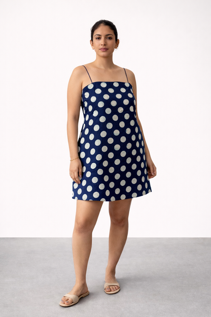 BLUE SHORT POLKA DOT DRESS WITH THIN STRAPS