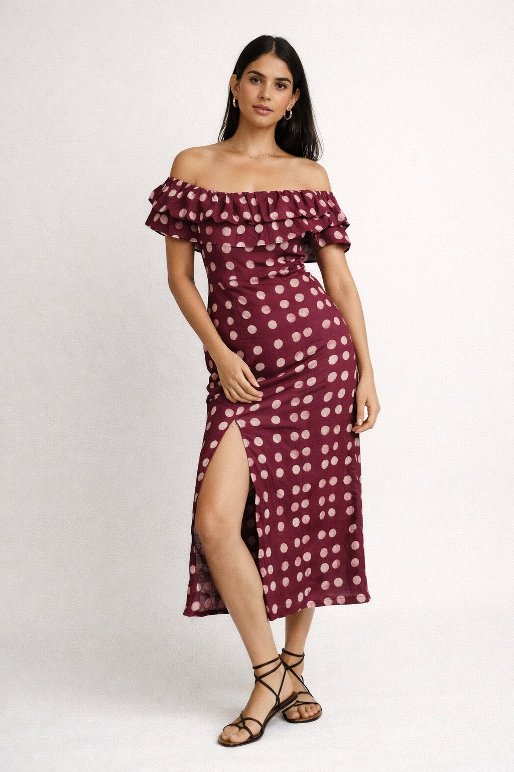 BLACK OFF-SHOULDER POLKA DOT DRESS