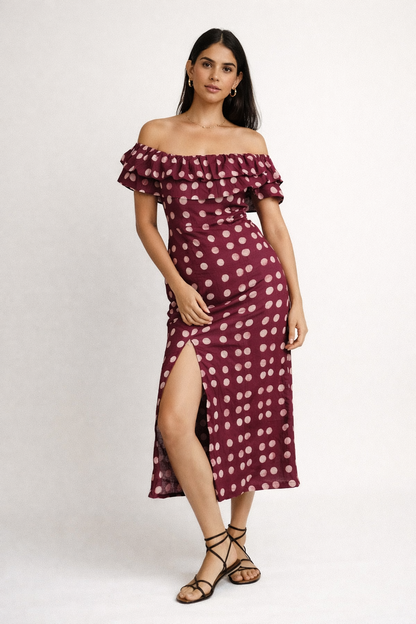 BLACK OFF-SHOULDER POLKA DOT DRESS