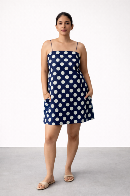 BLUE SHORT POLKA DOT DRESS WITH THIN STRAPS