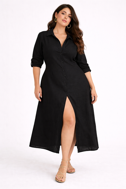 SOLID COTTON SHIRTDRESS - BLACK