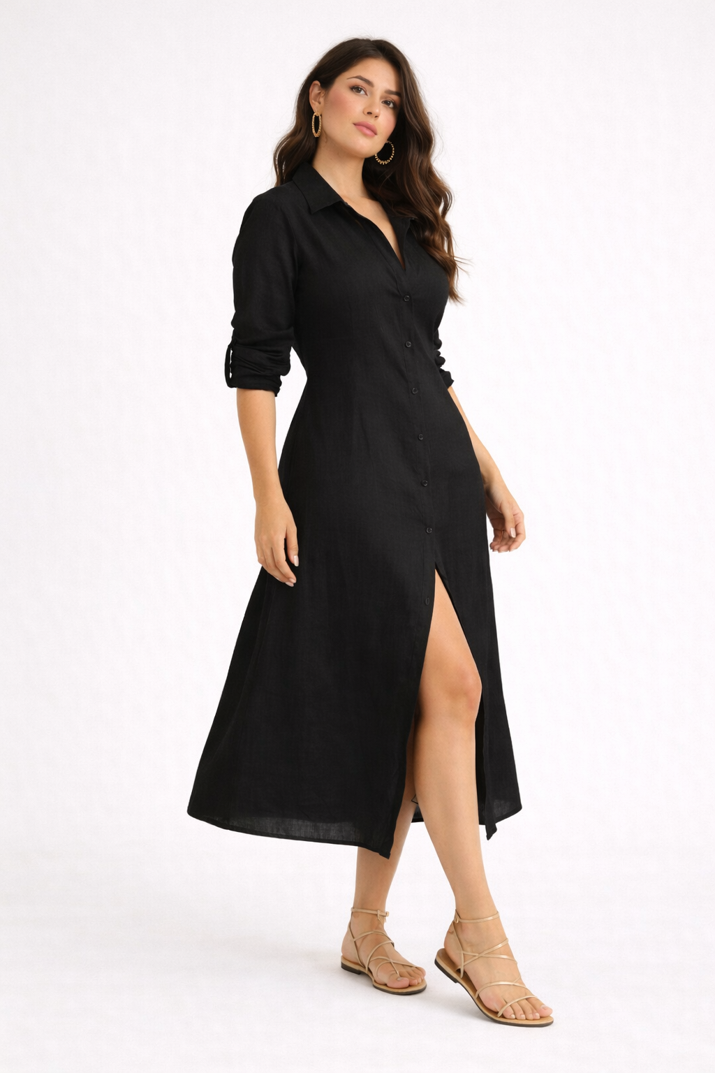 SOLID COTTON SHIRTDRESS - BLACK